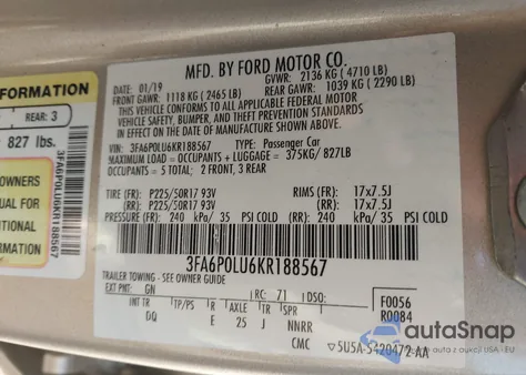 2019 Ford Fusion Hybrid Se z USA, uszkodzony, nr VIN 3FA6P0LU6KR188567